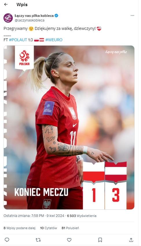 Twitt ŁNP kobieca po meczu Polska - Austria 1:3 (09.04.2024)