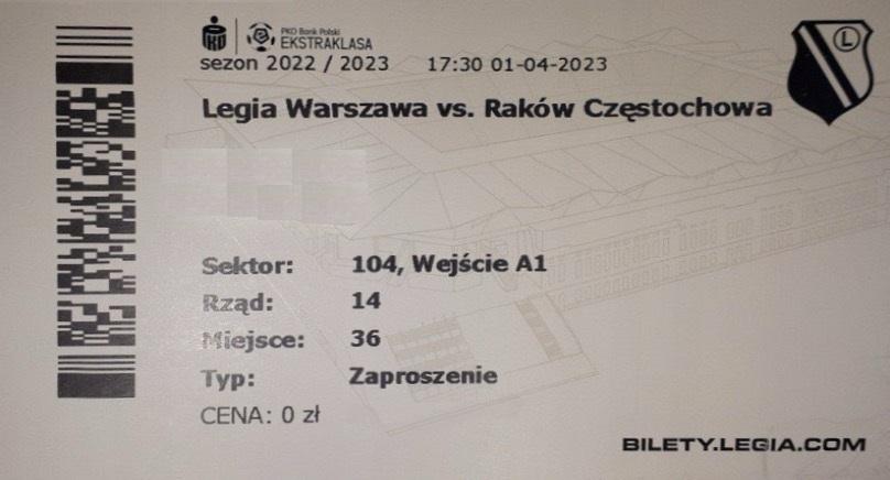 Zaproszenie na mecz Legia Warszawa - Raków Częstochowa 3:1 (01.04.2023)