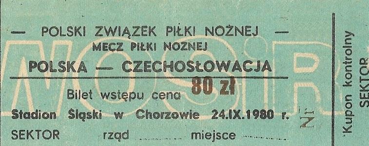 Bilet z meczu Polska - Czechosłowacja 1:1 (24.09.1980)