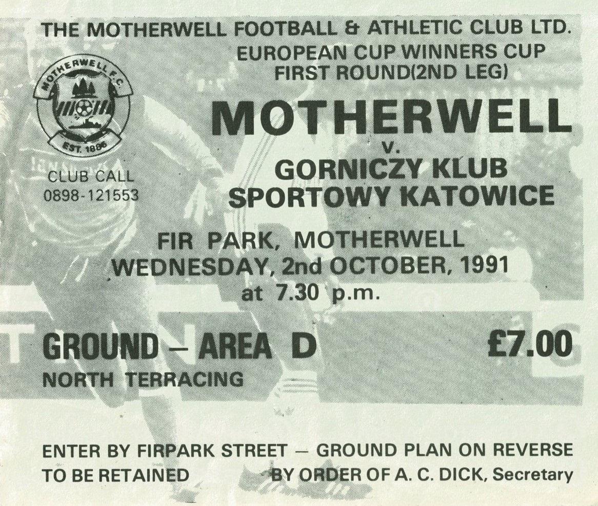 Bilet z meczu Motherwell FC - GKS Katowice 3:1 (02.10.1991)