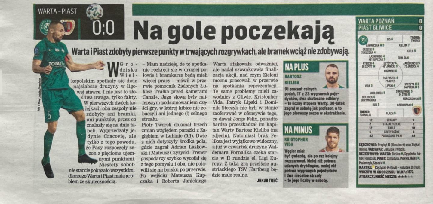 Przegląd Sportowy po meczu Warta Poznań - Piast Gliwice 0:0 (12.09.2020)