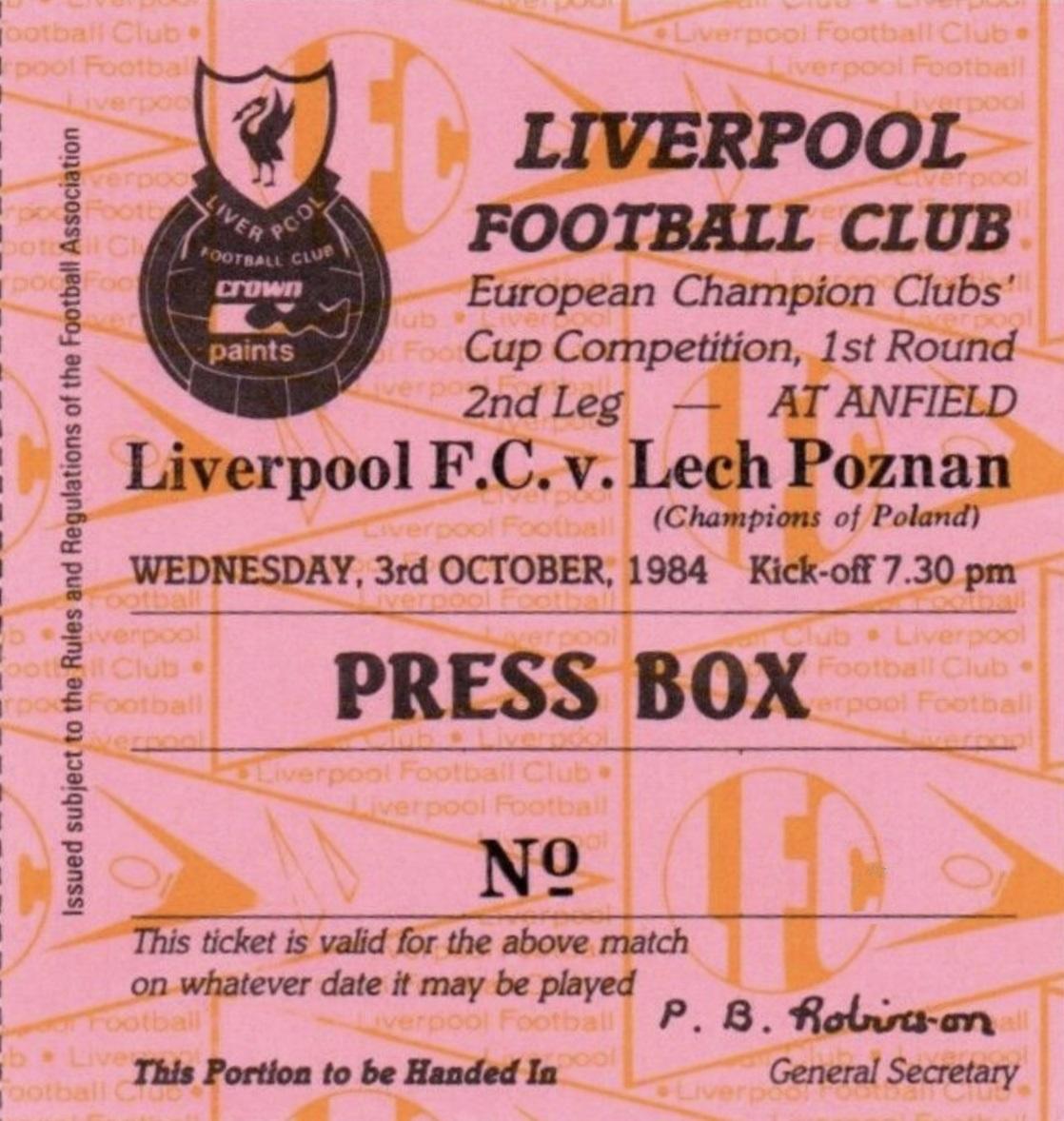 Akredytacja z meczu Liverpool FC - Lech Poznań 4:0 (03.10.1984)