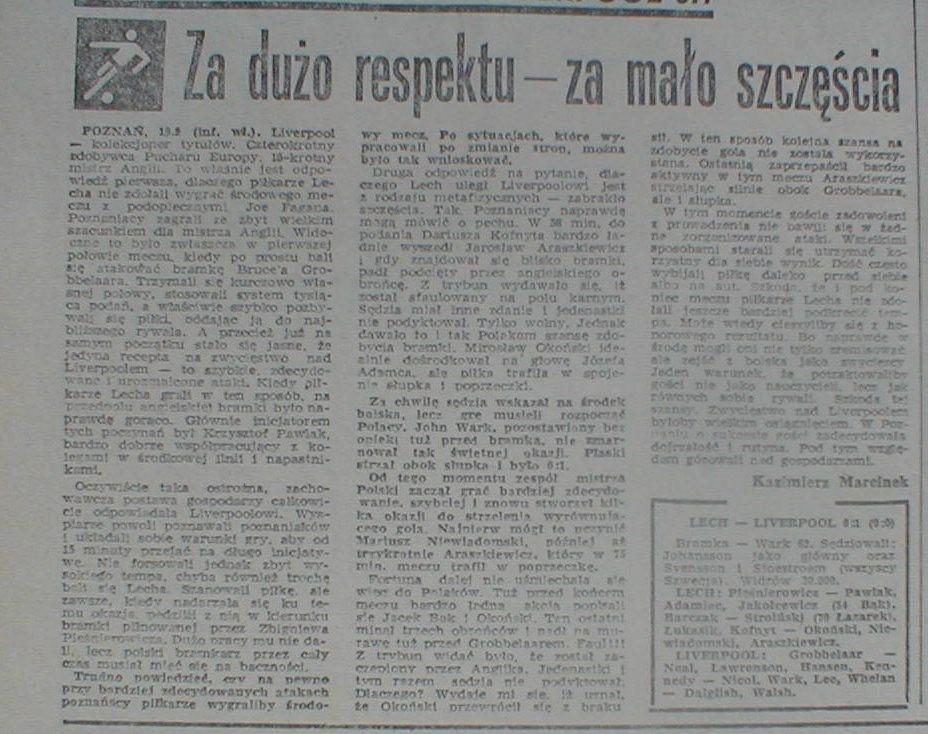 Przegląd Sportowy po meczu Lech Poznań - Liverpool FC 0:1 (19.09.1984)