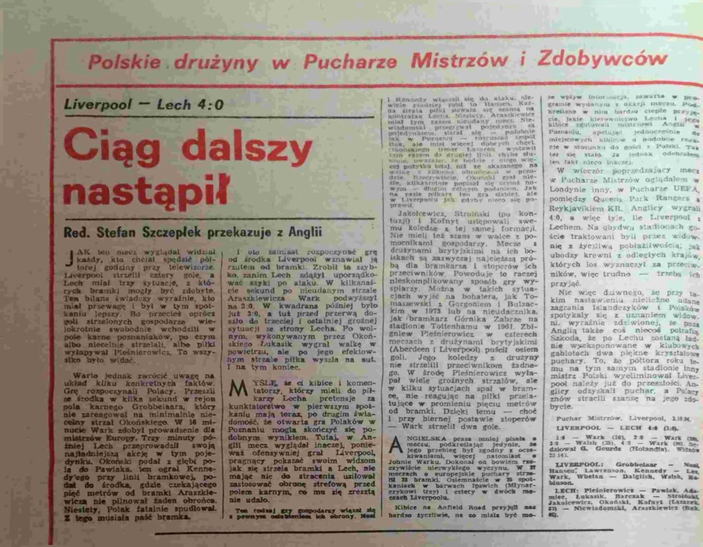 Piłka Nożna po meczu Liverpool FC - Lech Poznań 4:0 (03.10.1984)