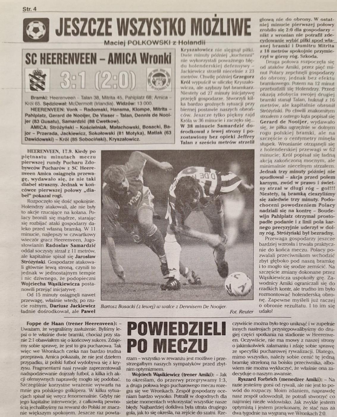 Przegląd Sportowy po meczu SC Heerenveen - Amica Wronki 3:1 (17.09.1998)