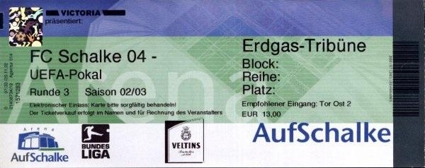 Bilet z meczu Schalke 04 - Wisła Kraków 1:4 (10.12.2002)