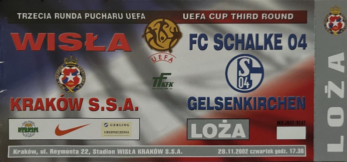 Bilet z meczu Wisła Kraków - FC Schalke 04 Gelsenkirchen 1:1 (28.11.2002)