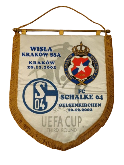 Proporczyk z meczów Wisła Kraków - Schalke 04 Gelsenkirchen 1:1 (28.11.2002) i 4:1 (10.12.2002)