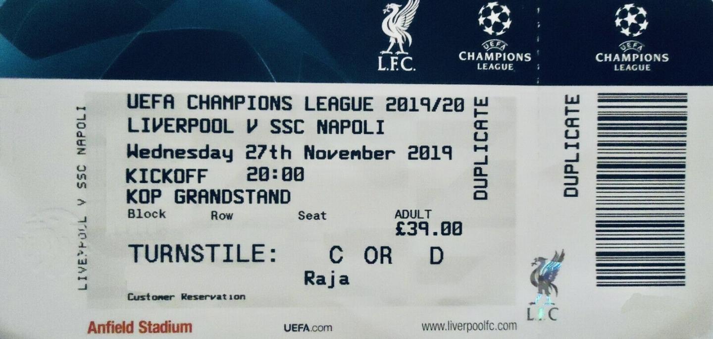 Bilet z meczu Liverpool FC - SSC Napoli 1:1 (27.11.2019)