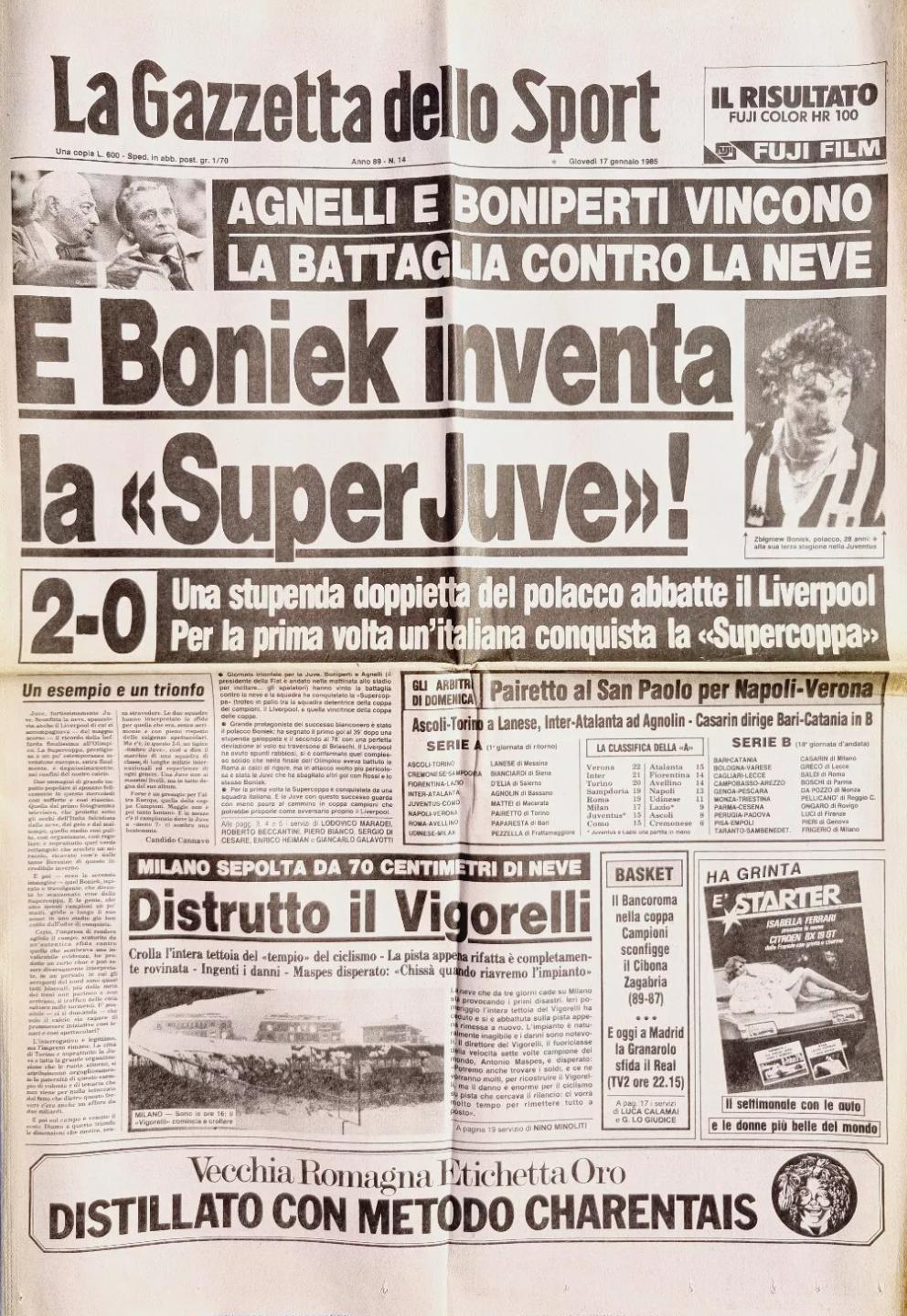 La Gazzetta dello Sport po Juventus Turyn - Liverpool FC 2:0 (16.01.1985)