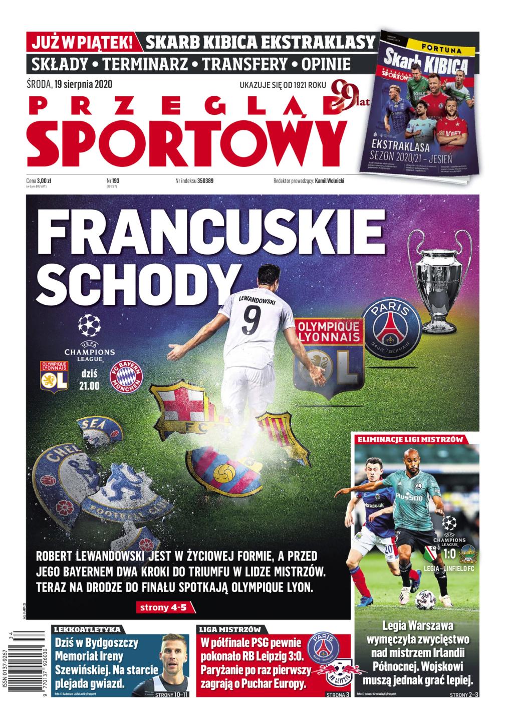 Okładka Przegląd Sportowy przed meczem Olympique Lyon - Bayern Monachium 0:3 (19.08.2020)