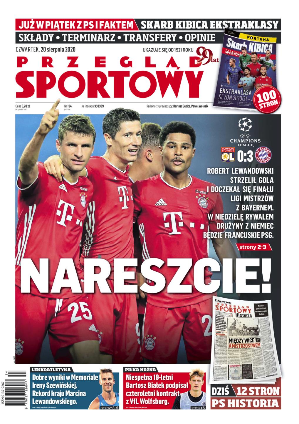 Okładka Przegląd Sportowy po meczu Olympique Lyon - Bayern Monachium 0:3 (19.08.2020)