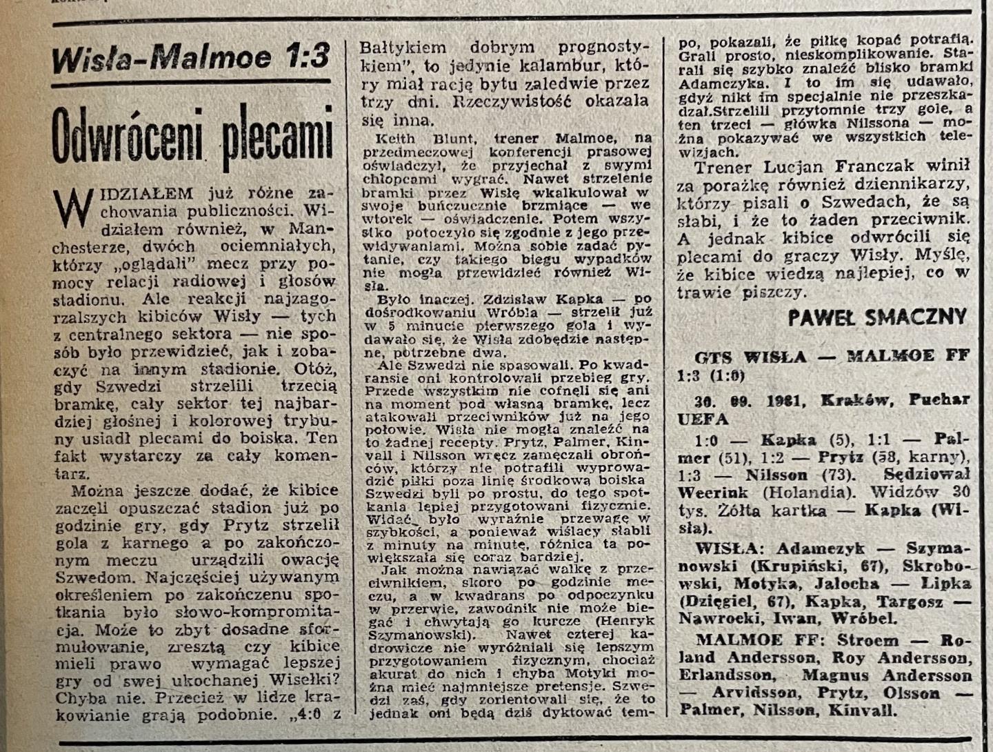 Piłka Nożna po meczu Wisła Kraków - Malmö FF 1:3 (30.09.1981)