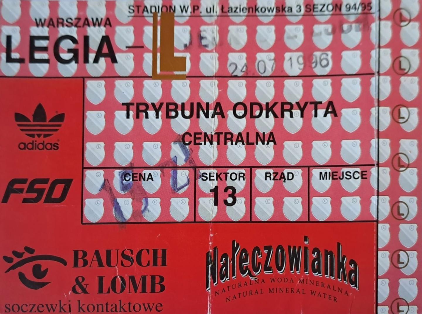 Bilet z meczu Legia Warszawa - Jeunesse Esch 3:0 (24.07.1996)