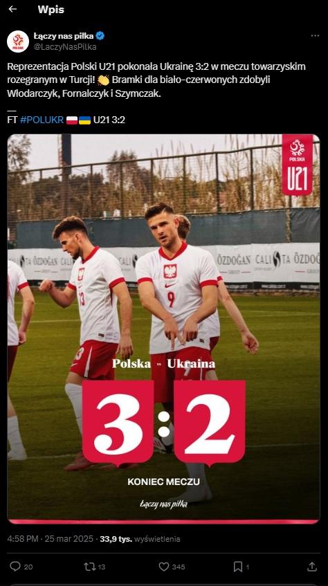 Twitt ŁNP po meczu U21 Polska - Ukraina 3:2 (25.03.2025)