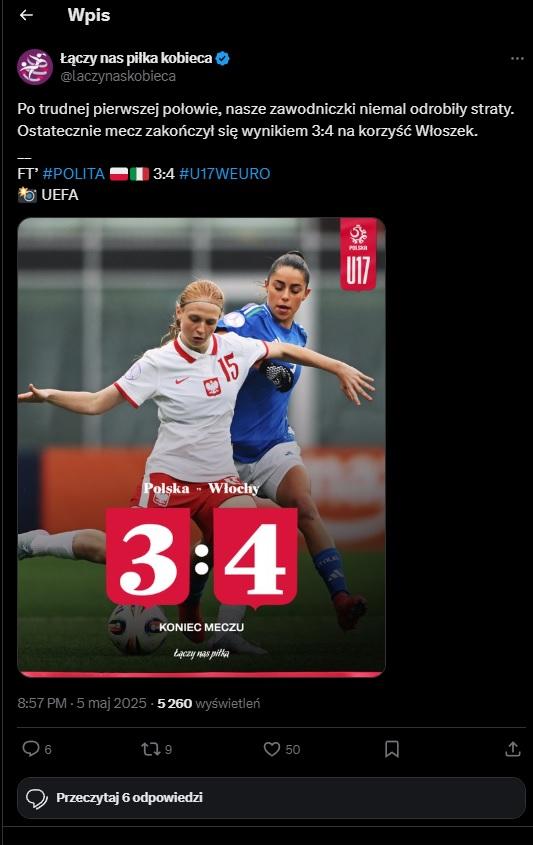Twitt ŁNP kobieca z meczu Polska - Włochy 3:4 U17 (05.05.2025)