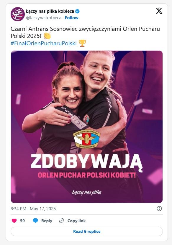 Twitt ŁNP kobieca po meczu Czarni Sosnowiec - Pogoń Szczecin 1:1, k. 4-3 (17.05.2025)