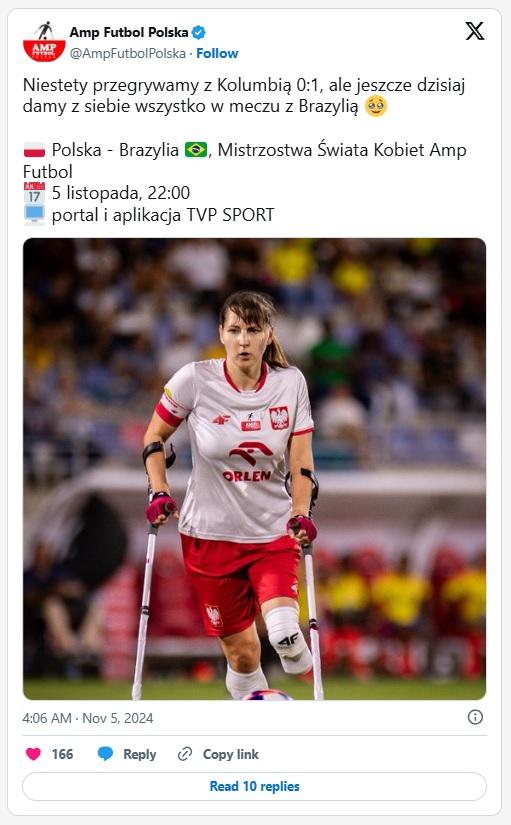 Twitt ampfutbol Polska po meczu kobiet Kolumbia - Polska 1:0 (04.11.2024)
