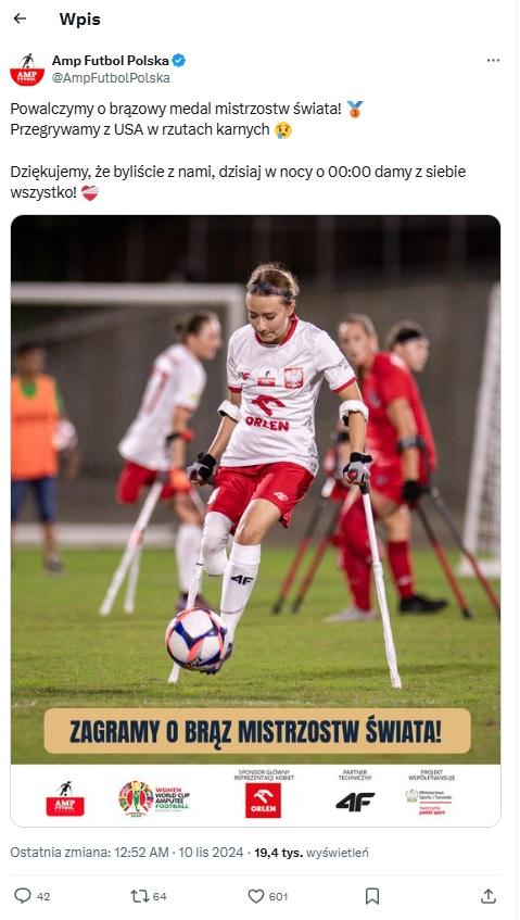 Twitt ampfutbol Polska po meczu kobiet USA - Polska 0:0, k. 3-1 (09.11.2024)