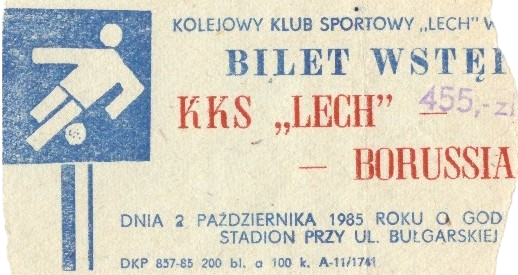 Bilet z meczu Lech Poznań - Borussia Mönchengladbach 0:2 (02.10.1985)