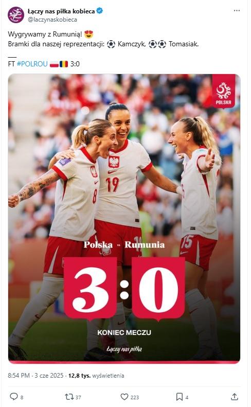 Twitt ŁNP kobieca po meczu Polska - Rumunia 3:0 (03.06.2025)