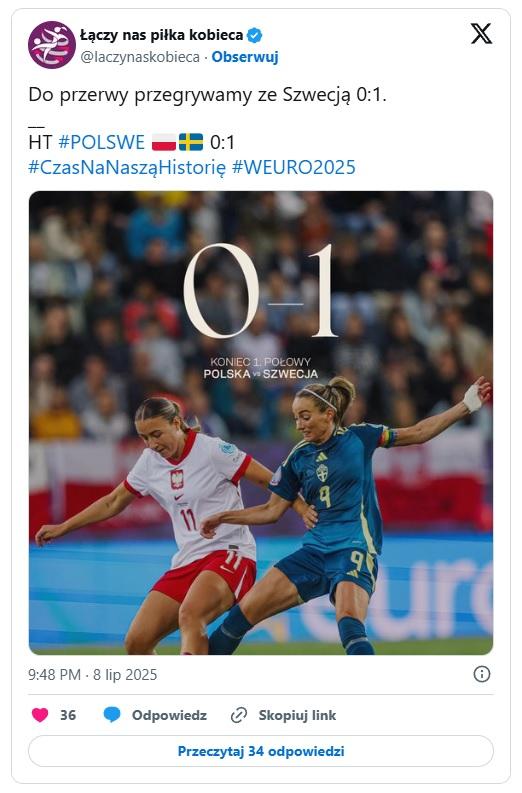 Twitt ŁNP kobieca w przerwie meczu Polska - Szwecja 0:3 (08.07.2025)