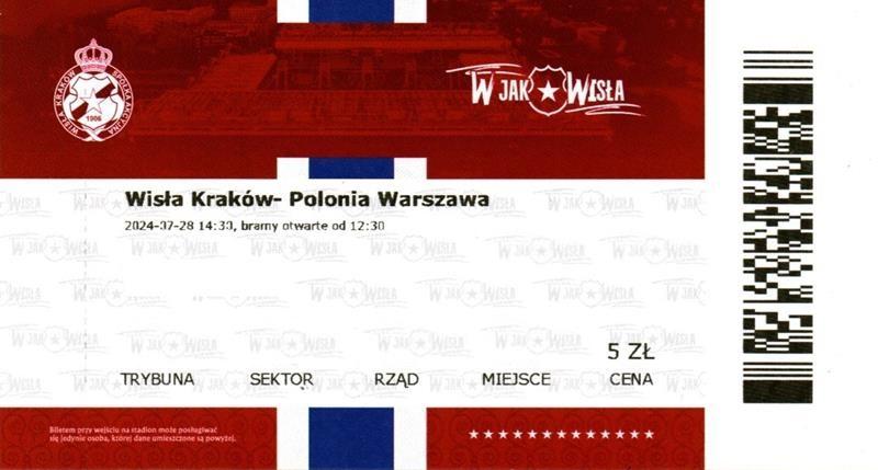 Bilet z meczu Wisła Kraków - Polonia Warszawa 0:0 (28.07.2024)