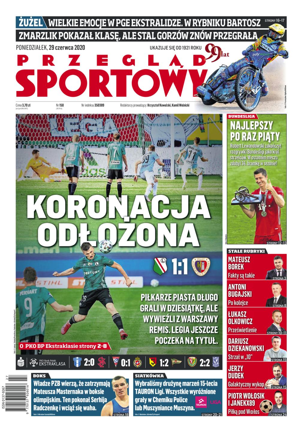Legia Warszawa - Piast Gliwice 1:1, 27.06.2020 Okładka Przegląd Sportowy