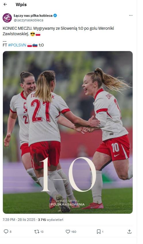 Twitt ŁNP kobieca po meczu Polska - Słowenia 1:0 (28.11.2025)