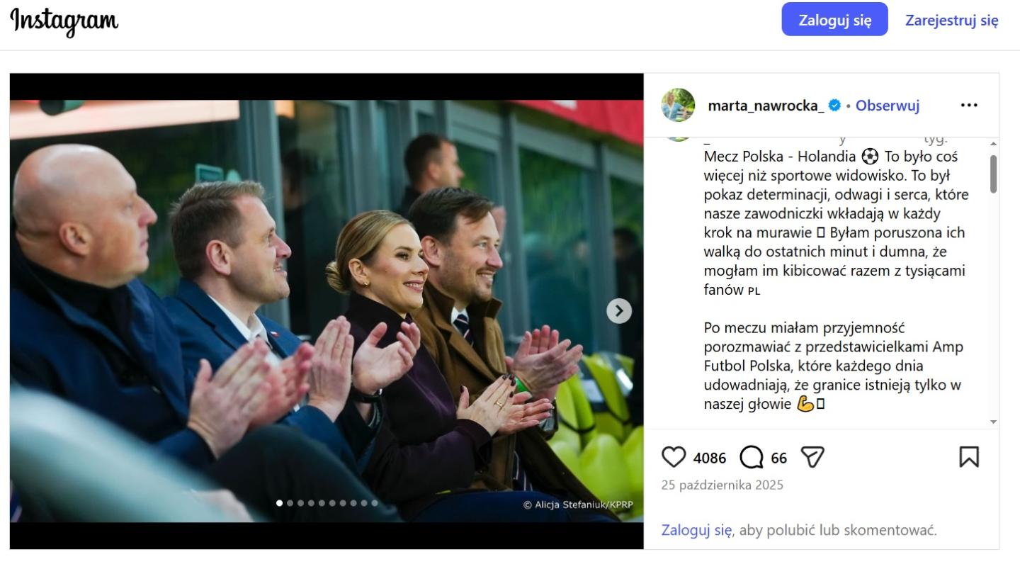 Wpis instagram Marta Nawrocka po meczu kobiet Polska - Holandia 0:0 (24.10.2025)