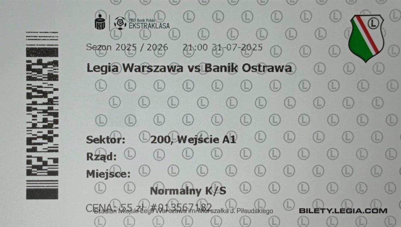 Bilet z meczu Legia Warszawa - Baník Ostrawa 2:1 (31.07.2025)