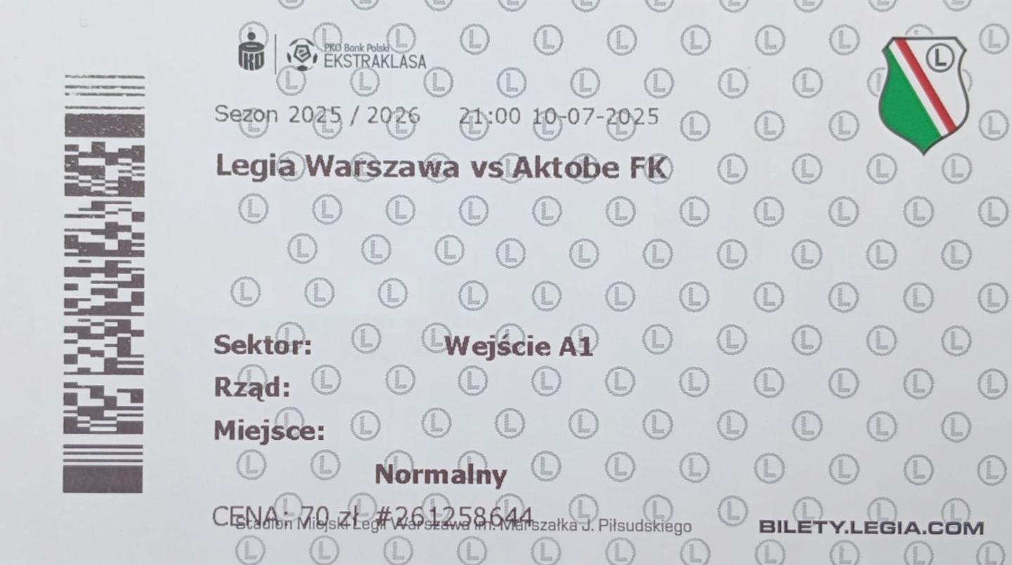 Bilet z meczu Legia Warszawa - FK Aktobe 1:0 (10.07.2025)
