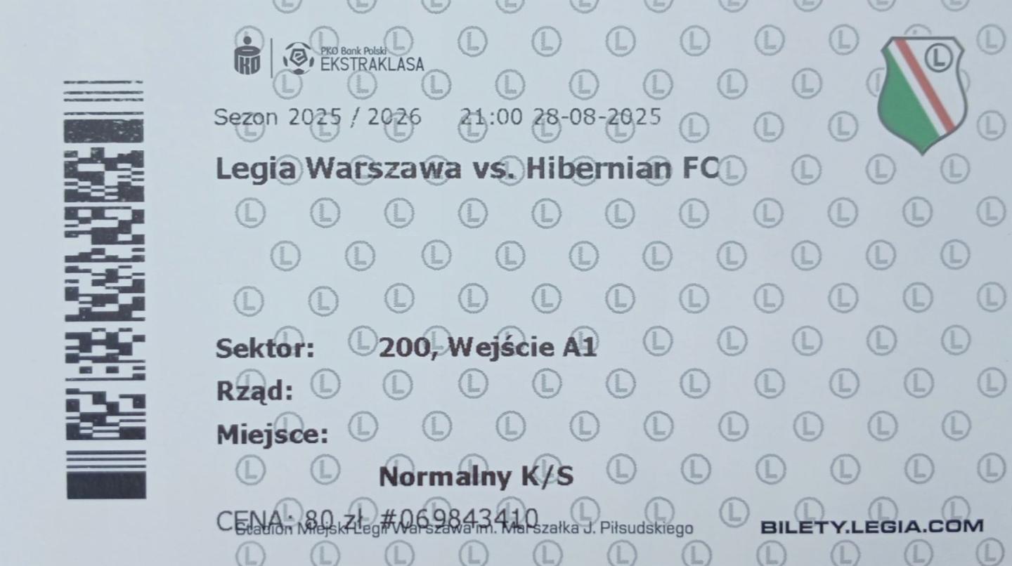 Bilet z meczu Legia Warszawa - Hibernian FC 3:3 (28.08.2025)