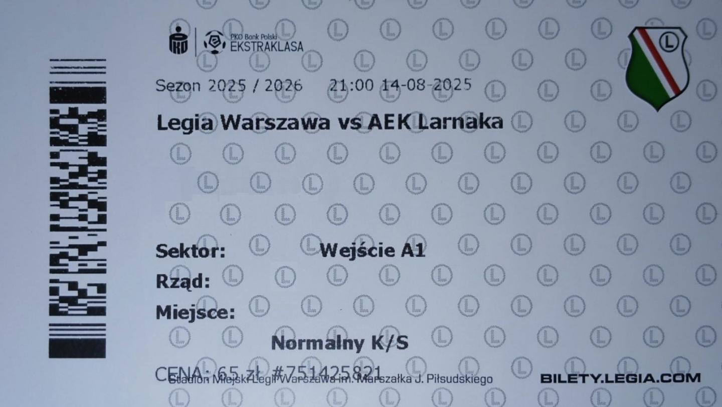 Bilet z meczu Legia Warszawa - AEK Larnaka 2:1 (14.08.2025)