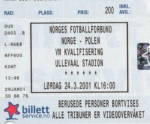 Bilet z meczu Norwegia - Polska 2:3 (24.03.2001)