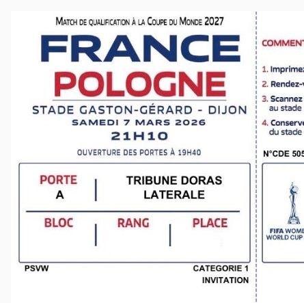 Bilet z meczu kobiet Francja - Polska 4:1 (07.03.2026)