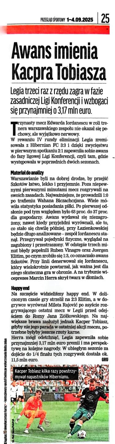 Przegląd Sportowy po meczu Legia Warszawa - Hibernian FC 3:3 pd. (28.08.2025)