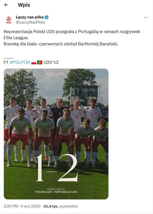 Twitt ŁNP po meczu U20 Polska - Portugalia 1-2 (09.09.2025)