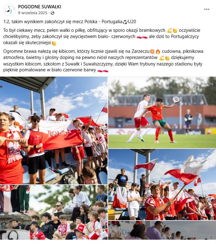 Wpis Facebook Pogodne Suwałki po meczu U20 Polska - Portugalia 1-2 (09.09.2025)