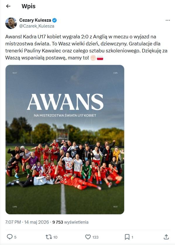 Twitt Cezarego Kuleszy po meczu Anglia - Polska 0:2 U17 kobiet (14.05.2026)