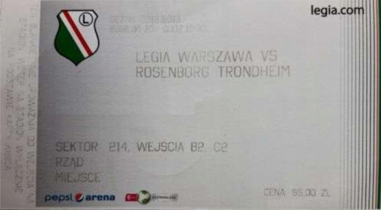 Bilet z meczu Legia Warszawa - Rosenborg Trondheim 1:1 (23.08.2012)