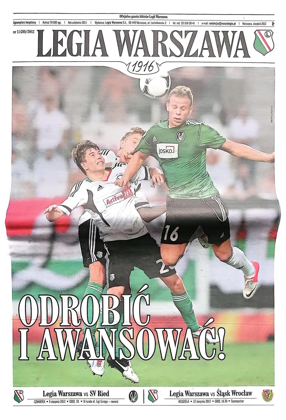 Program meczowy Legia Warszawa - SV Ried 3:1 (09.08.2012)