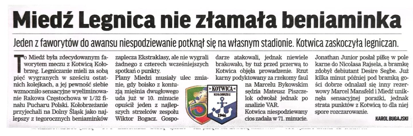 Przegląd Sportowy po meczu Miedź Legnica - Kotwica Kołobrzeg 1:1 (29.09.2024)