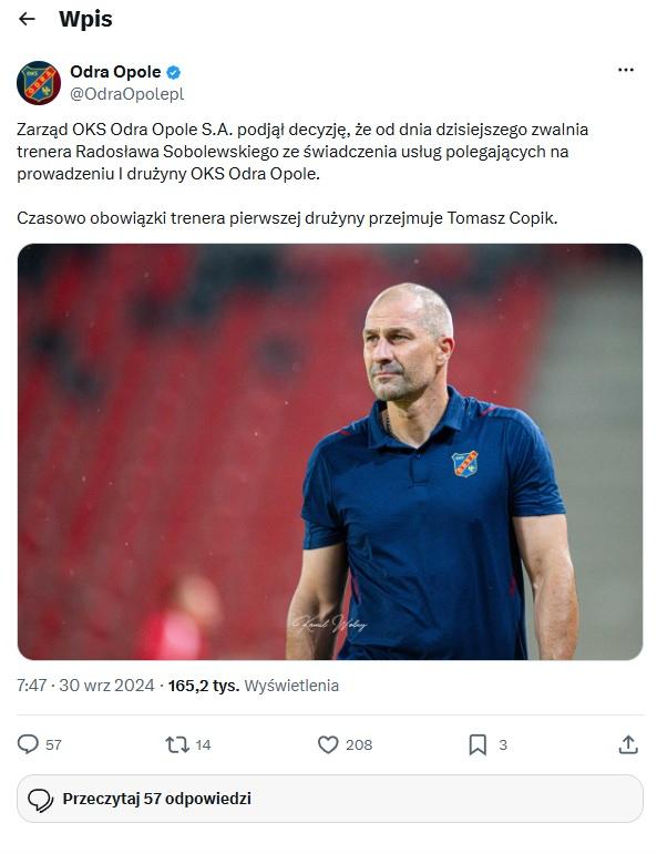 Twitt Odry Opole po meczu Wisła Kraków - Odra Opole 5:0 (27.09.2024)