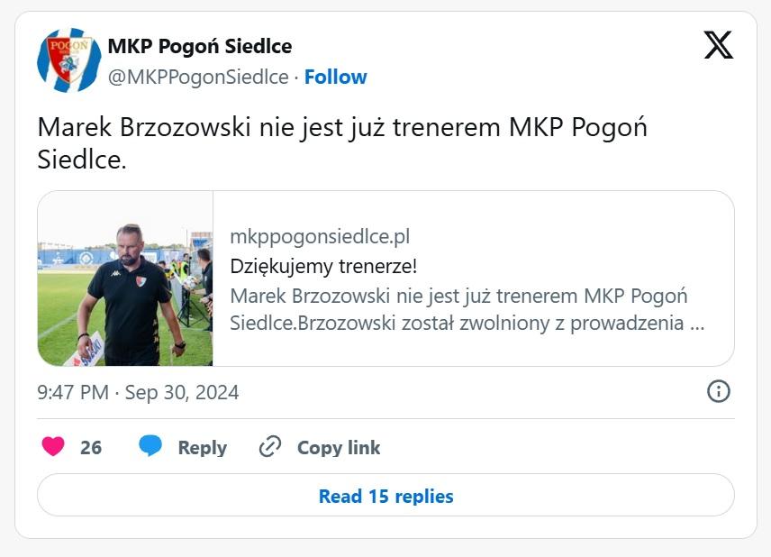 Twitt Pogoni Siedlce po meczu Znicz Pruszków - Pogoń Siedlce 1:0 (28.09.2024)