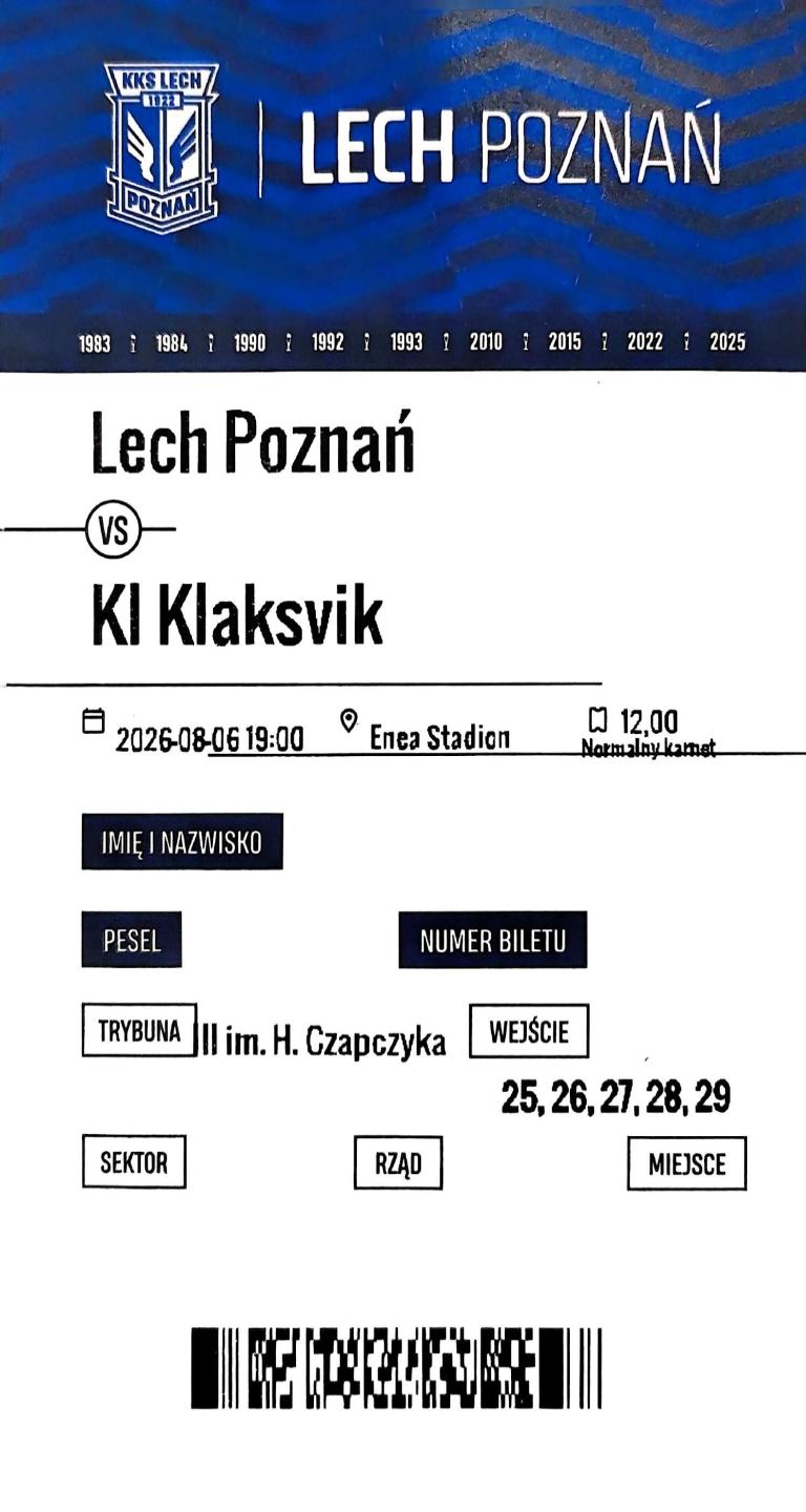 Bilet z meczu Lech Poznań - KÍ Klaksvík 1:0 (06.08.2026)