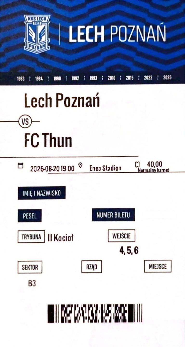 Bilet z meczu Lech Poznań - FC Thun 7:0 (20.08.2026)