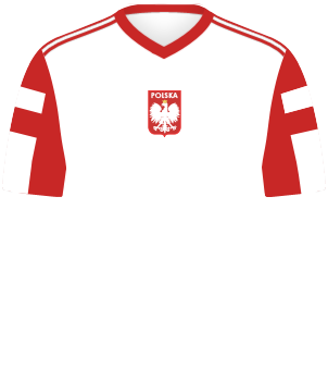 Koszulka reprezentacji Polski z Igrzysk Olimpijskich 1992, biała z czerwonymi wstawkami na rękawkach, czerwonym kołnierzykiem i godłem na środku
