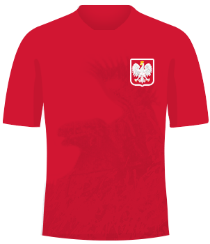 Czerwona koszulka reprezentacji Polski z husarzem, orzełek na piersi