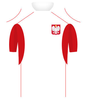 Biała koszulka reprezentacji Polski, z czerwonymi wypustkami pod pachami i na dolnej połowie rękawów. Na piersi orzełek.